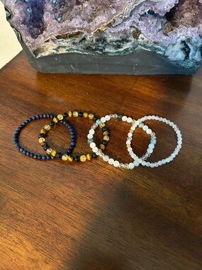 Genuine Beaded Gemstone Bracelet Set - Blue, Gold & Clear
